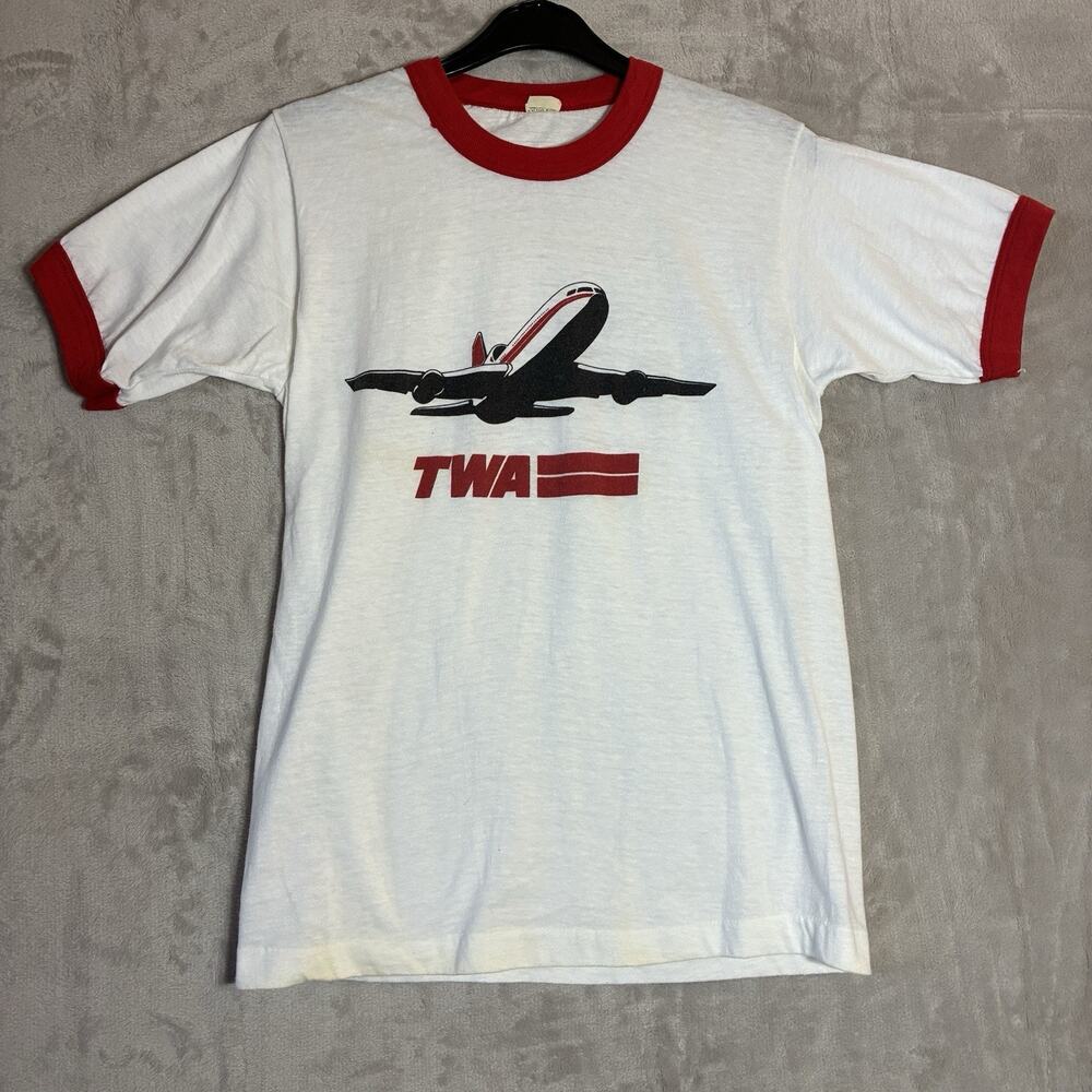 Vintage TWA Airlines Single Stitch Ringer T-Shirt White Black Red Size M